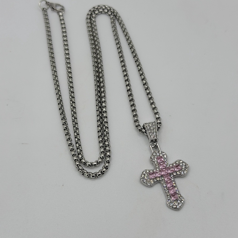 Luxury Full Rhinestone Jesus Cross Necklace Women Men Pink Hip-Hop Necklace